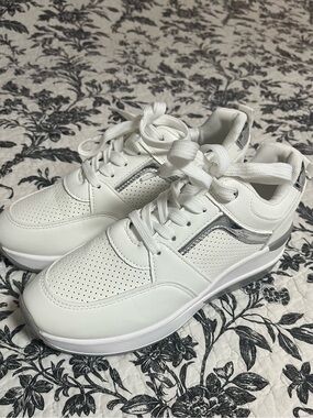 White Wedge Lace-Up Sneakers with Silver Trim